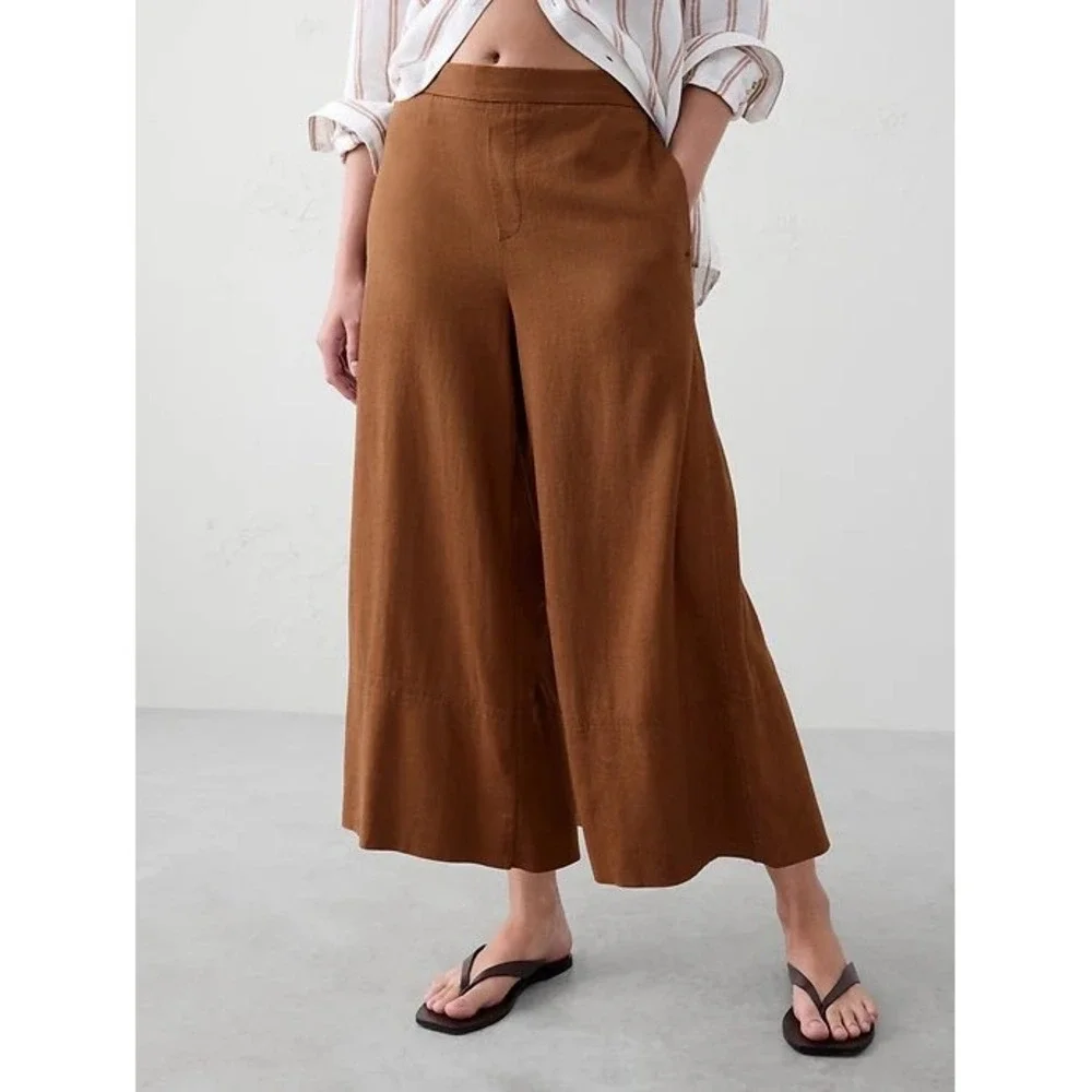 Banana Republic Pants WIDE LEG NEW LINEN BLEND CROPPED PULL ON Brown Large